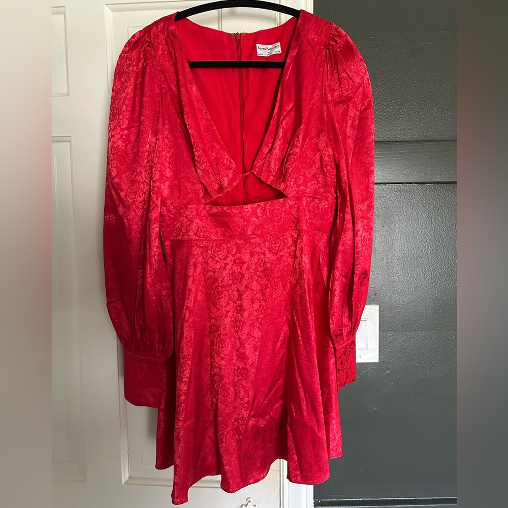 Revolve Seven Wonders Rosalia Mini Dress Red Long Sleeve Cut Out Satin Floral - Picture 6 of 12